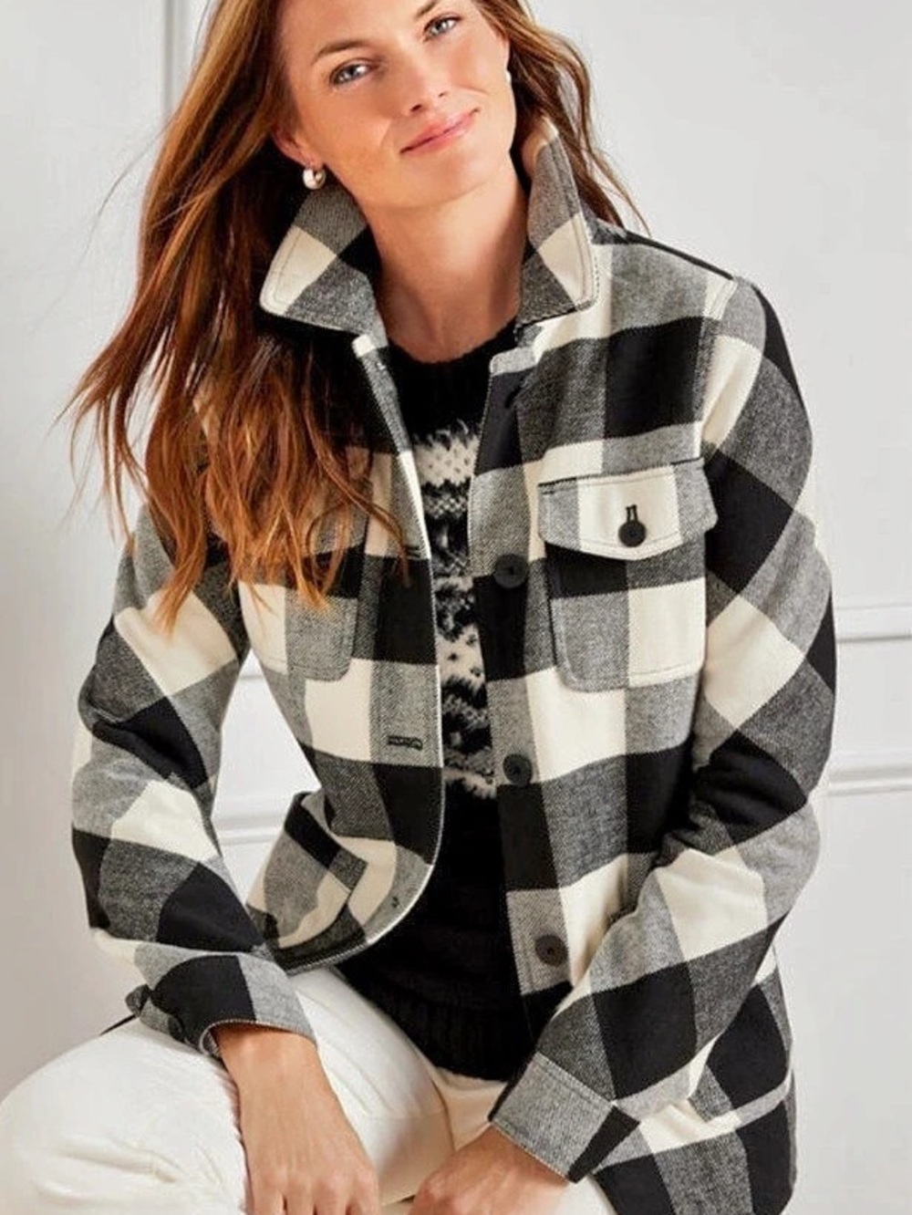 Talbots Buffalo Belle Check Wool Blend Jacket in Black & White Size XS NWT